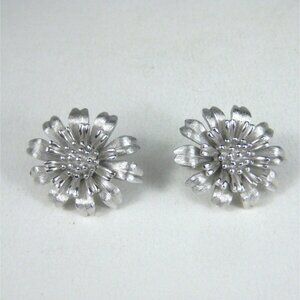 Trifari Silver Tone Clip On Earrings Floral Design Crown MOD Vintage 1950s
